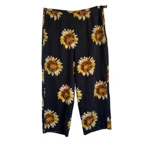 Kula Kula Sz L 100% Silk Pants‎ Large Sunflower Print Black Tropical Resort Wear